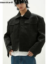 Mauroicardi Spring Autumn Cool Short Oversized Black Crocodile Print Pu Leather Jacket Men Long Sleeve Luxury Designer Clothes