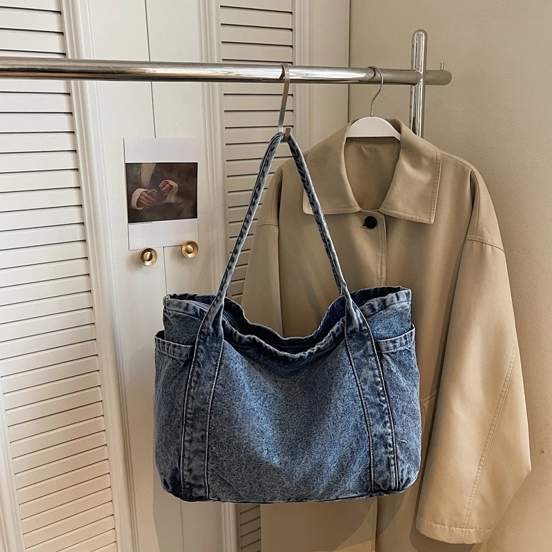 Washed Denim Shoulder Bags Women Large Capacity Canvas Casual Totes 100% Cotton Korea Style Handbags Daily Cloth Packages
