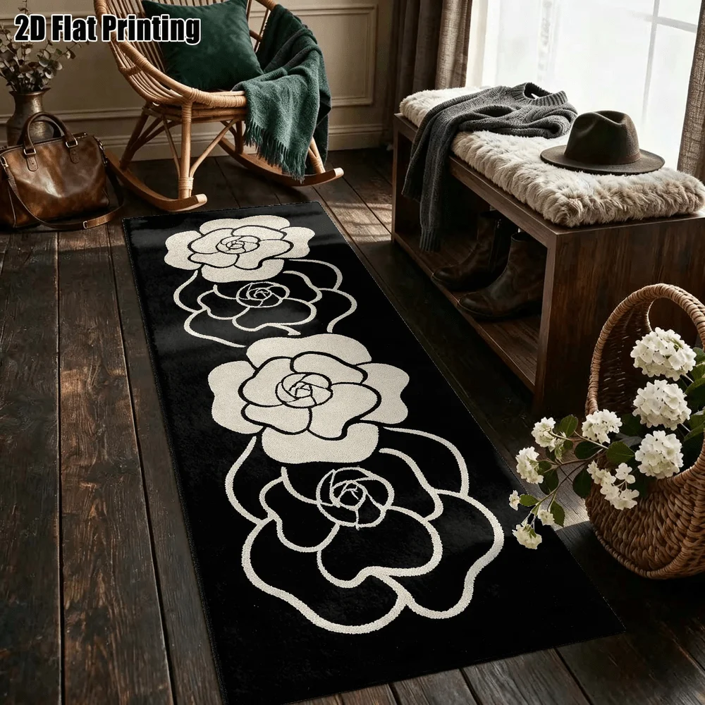 1Pc Modern Minimalist Black and White Camellia Print Long Carpet, Beige Line Floral Corridor Carpet, Suitable for Kitchen, Bedroom, Foyer, Balcony, Entrance, Bedside, High-End Minimalist Home Soft Decoration