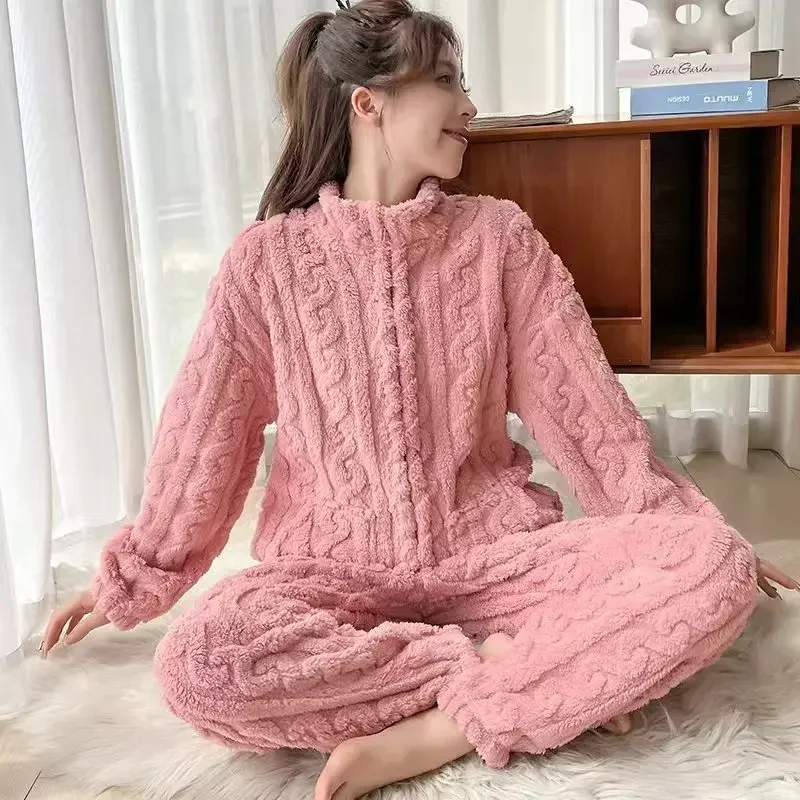 Women Pyjamas Sets 2023 Autumn Winter Warm Flannel Thick Homewear Long Sleeve Solid Color Sleepwear Female Pajamas Suit