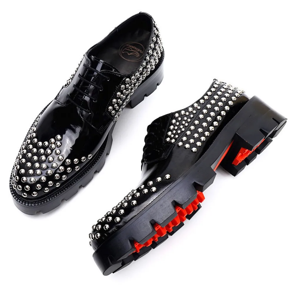 PDEP Men\'s Formal Business Gneuine Leather Dress shoes Luxury Lace up cowhide Korean Metal Rivet Handmade Block Chaussure Homme