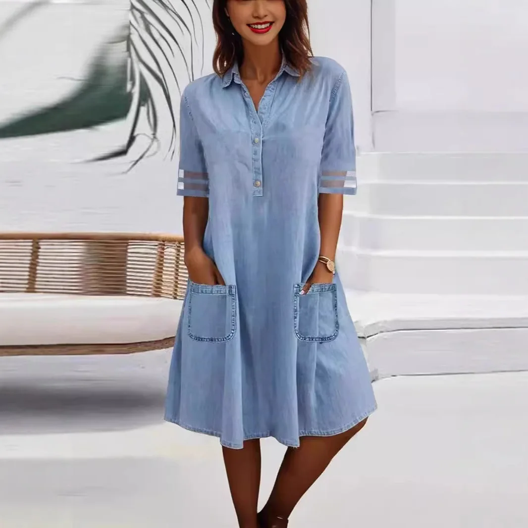 2026 New Women's Fashion Mesh Patchwork Solid Color Denim Short Sleeve Dress Long Dress
