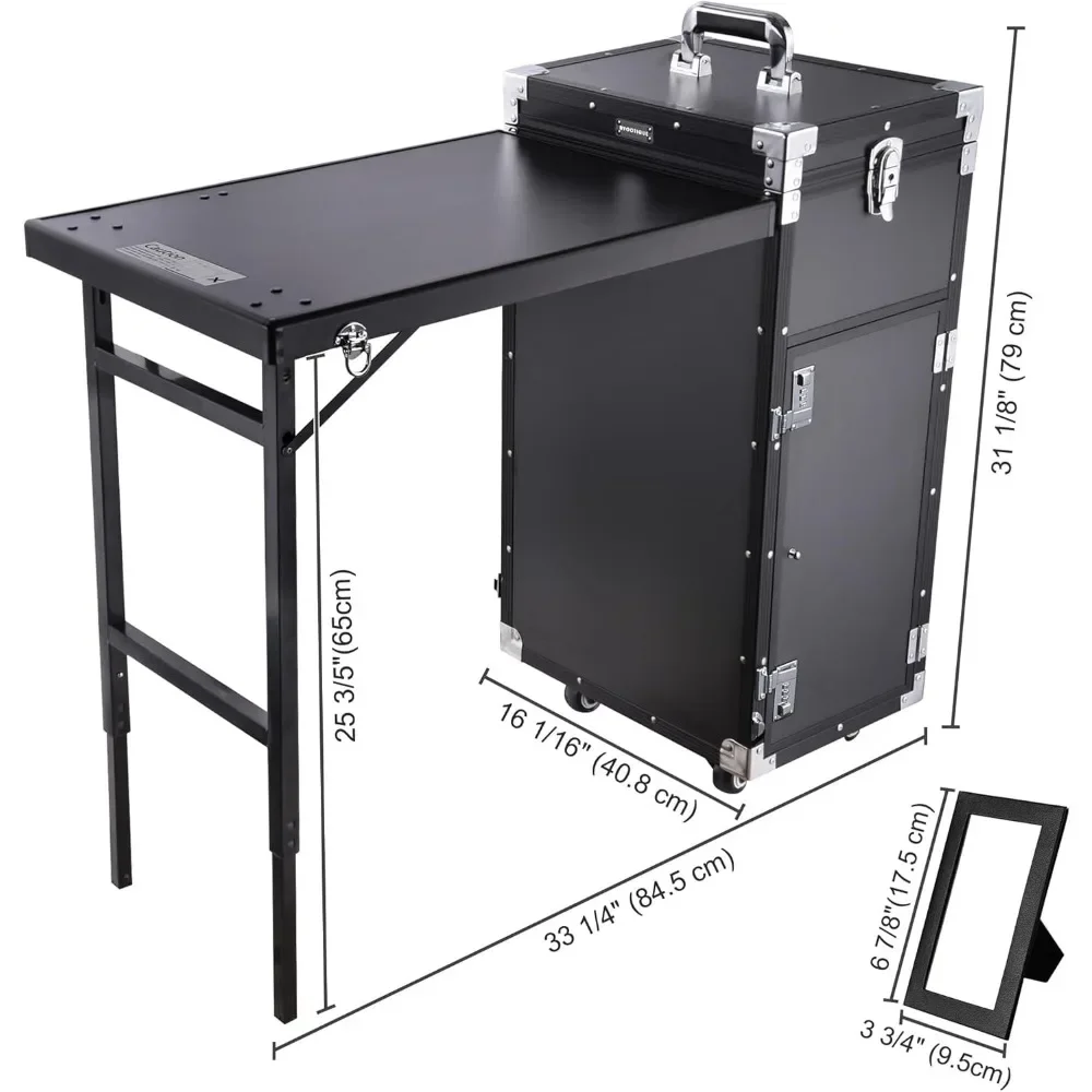 Rolling Manicure Table Foldable Nail Table Makeup Train Case with Desk Cosmetic Trolley Travel Storage Organizer with 4 Drawers