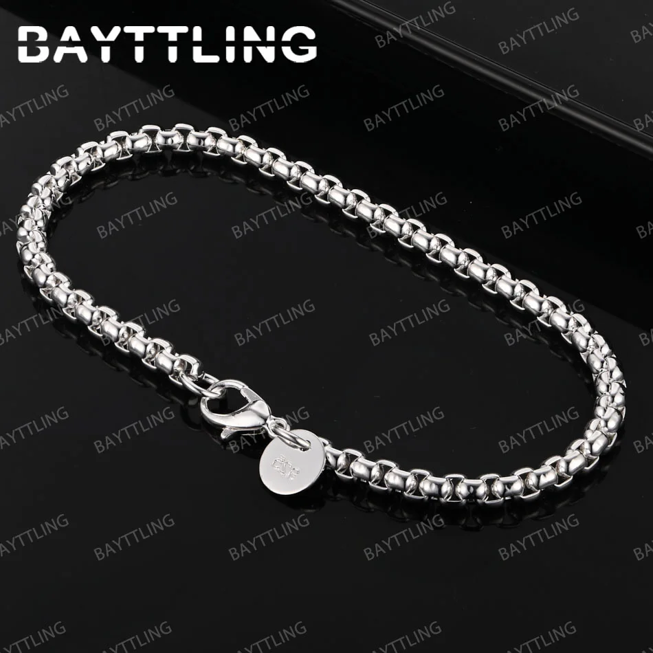 

New 925 Sterling Silver 8 Inches 4MM Round Box Chain Men Bracelet Fashion Women Charm Jewelry Accessories