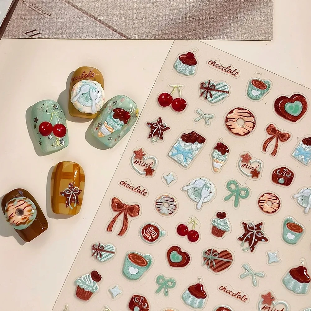 

Mint Chocolate Donuts Pudding Ice Cream Bowknot Cartoon 3D Jelly Self Adhesive Nail Art Stickers Sweet Desserts Manicure Decals