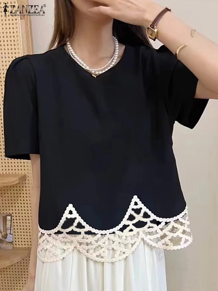 ZANZEA Korean Chic Women Crop Blouse 2024 Summer Vintage Lace Patchwork Tops Vintage Puff Short Sleeve Tunic Elegant Loose Shirt