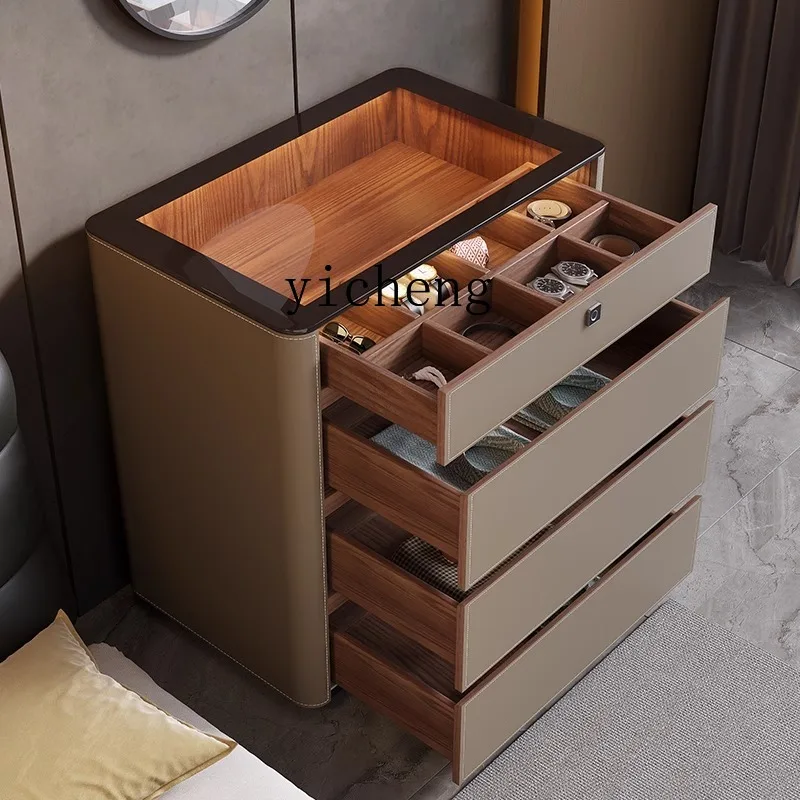 

b7-saddle leather bedroom chest cabinet light luxury household bedside locker fingerprint lock jewelry display storage cabinet