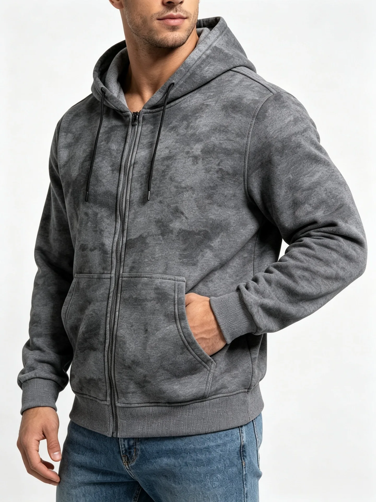 Men Tie Dye Zip Up Hoodie Heavyweight Full Zip Hooded Sweatshirt European High Street Loose Streetwear Autumn Casual Outerwear J