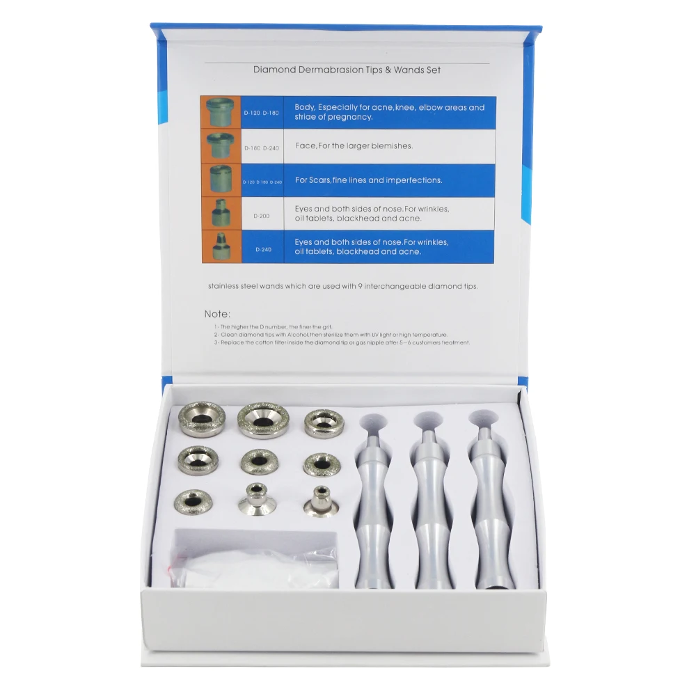 Accesorios de microdermoabrasión de diamante, 9 puntas, 3 varitas, filtro, Kit de algodón para exfoliación de la piel Facial, eliminación de espinillas, juego de herramientas de arrugas