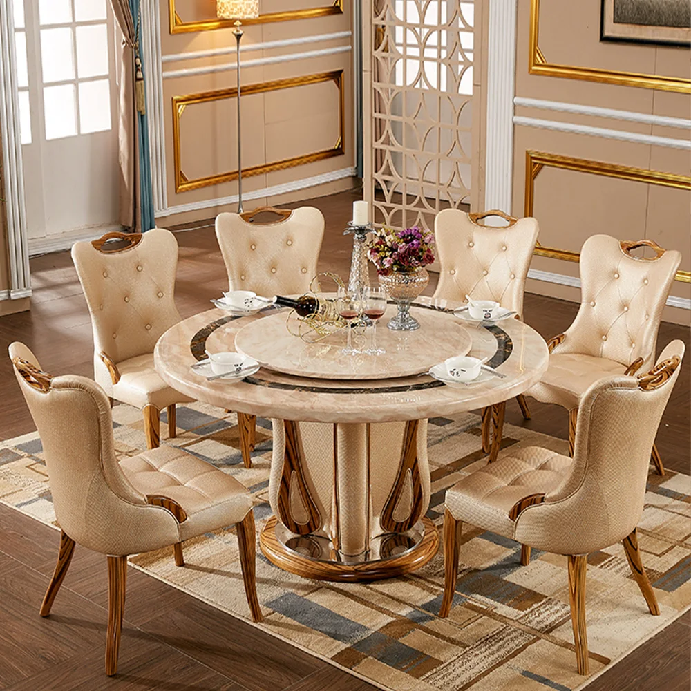 European Style Luxury Dining Table High End Round Rotary Corner Marble Table Top Dining Table Set