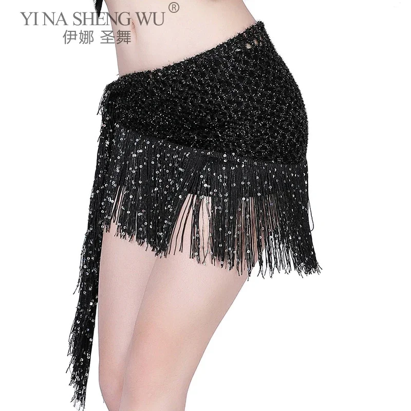 スパンコールタッセルベリーダンススカーフ中空アウトヒップウエストスカーフ女性アクセサリーベリーダンスパフォーマンスヒップラップダンスウエスト