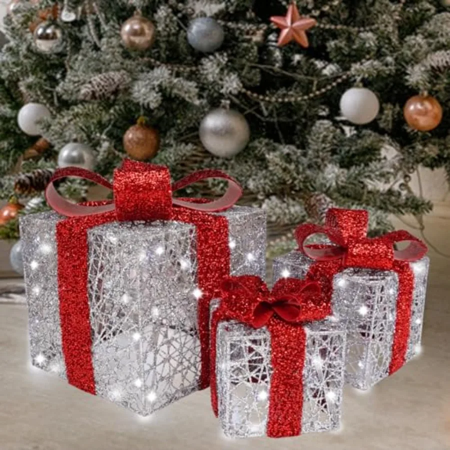 

Lighted Box Set of 3 Silver with Bow Prelit 60 White Lights Present Boxes Lighted Display with Plug Home Porch Outdoor Yard Chr