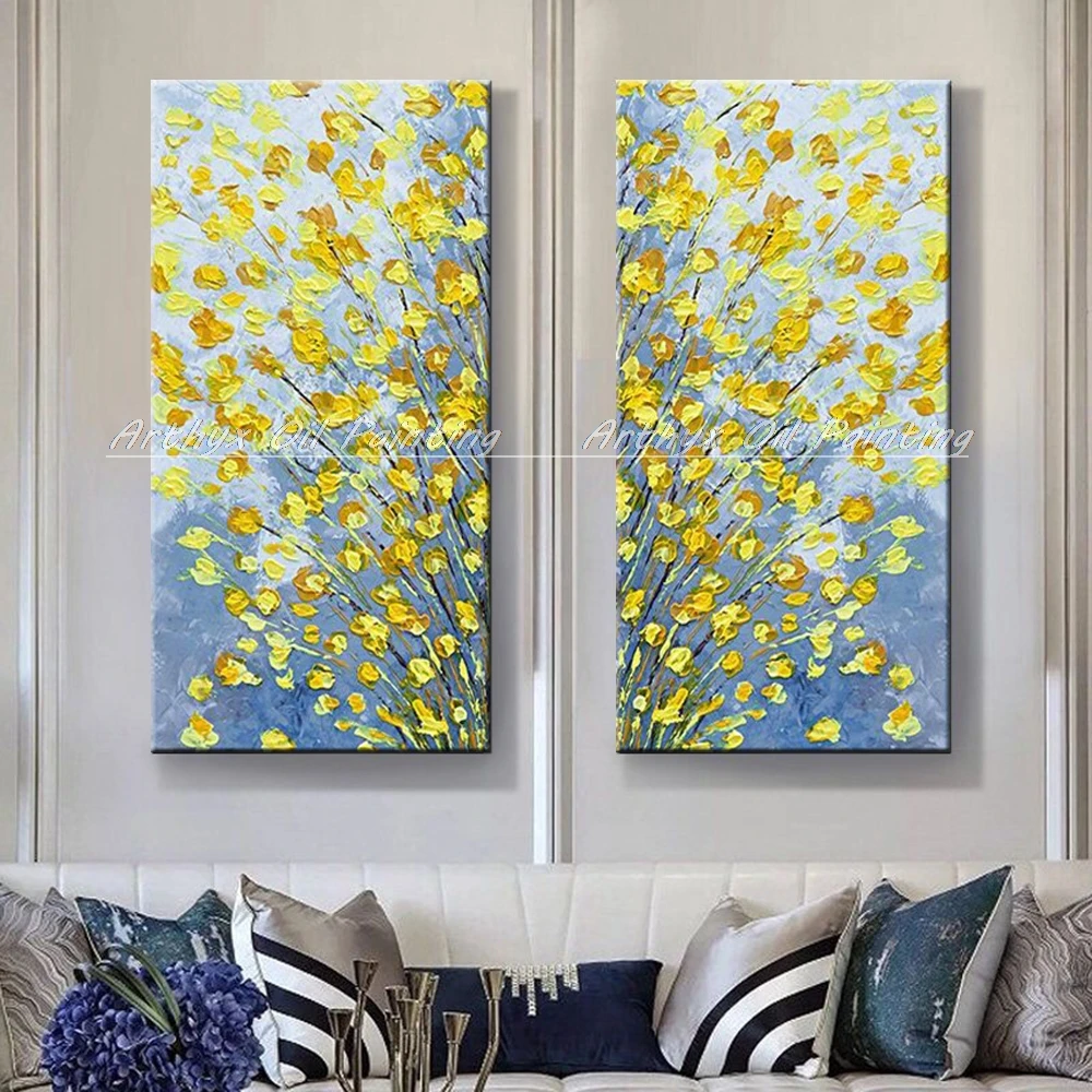 Arthyx 2 Spell,Abstract Yellow Tree Flower Oil Paintings On Canvas,Hand Made Modern Art,Wall Pictures For Living Room,Home Decor