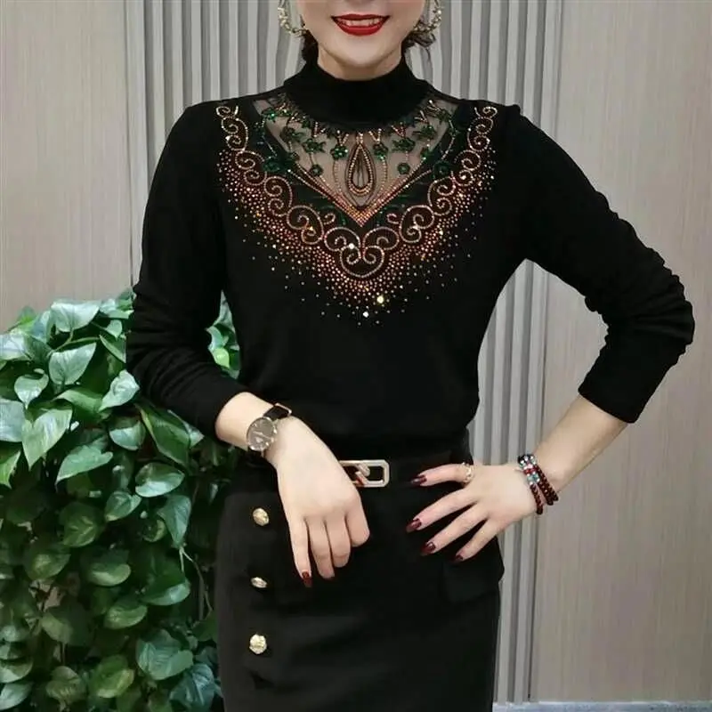 Ladies Print Half Turtleneck Sweater Bottoming Shirt Female Fall Inner Long-sleeved All-match Slim Knit Top Shirts G602