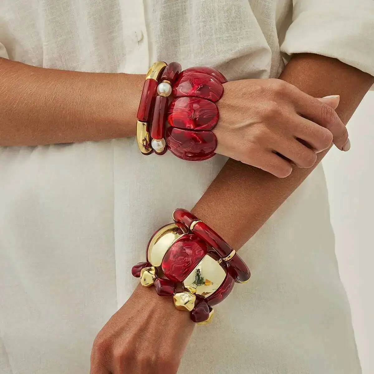 Lacteo 6Style Punk Retro Rotes Harz Acryl Elastisches Armband Kreative Stapelbare Spleißröhre Perlen Handgefertigte Charm Armreifen Schmuck