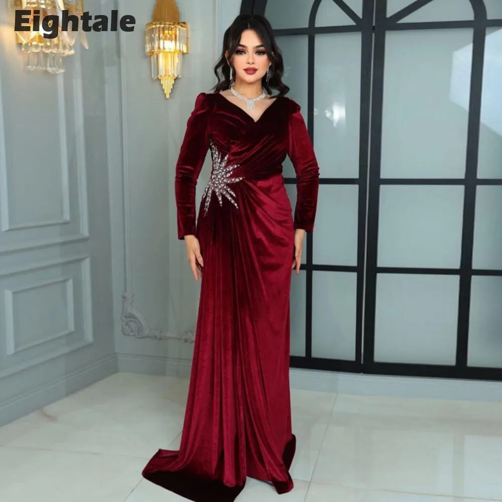 Eightale Velvet Evening Dress for Wedding Party Long Sleeves Customized Simple Mermaid Arabic Prom Gowns with Detachable Skirt