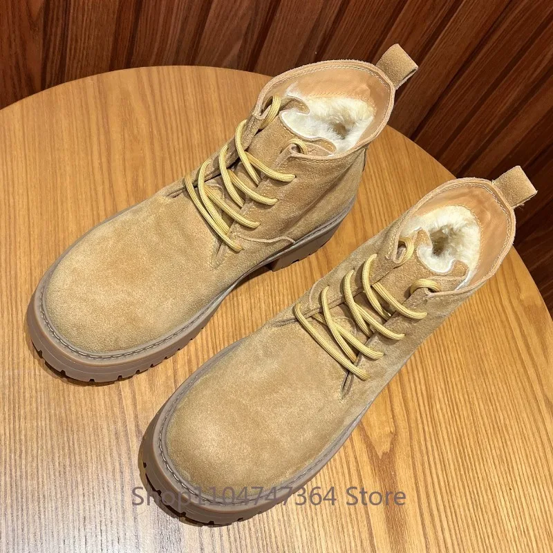 Cow Suede Winter Snow Boots Men's Cowhide Wool Fur Lined Lace‑Up Thick Platform Non‑Slip Warm Casual Outdoor Ankle Boots Male