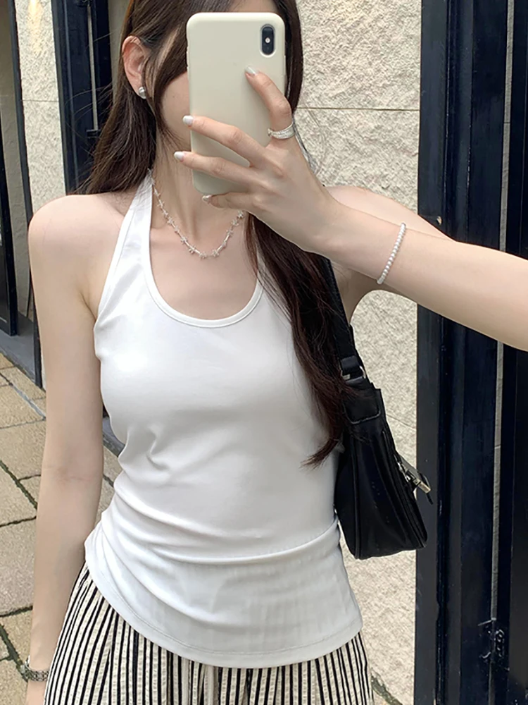 T-shirts Women Cotton Halter Neck Backless Sexy Short Slyte Tshirt Woman Black White T Shirt Tops Summer Ladies Clothing Tees
