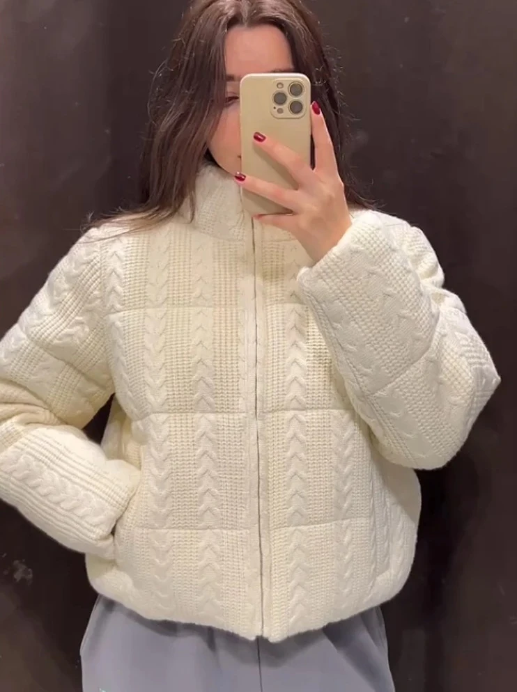 

2025 Autumn Winter Women's Knitted Cotton Jacket, Short Down Fill Stand Collar Zipper Coat, New Long Sleeve Casual Outerwear