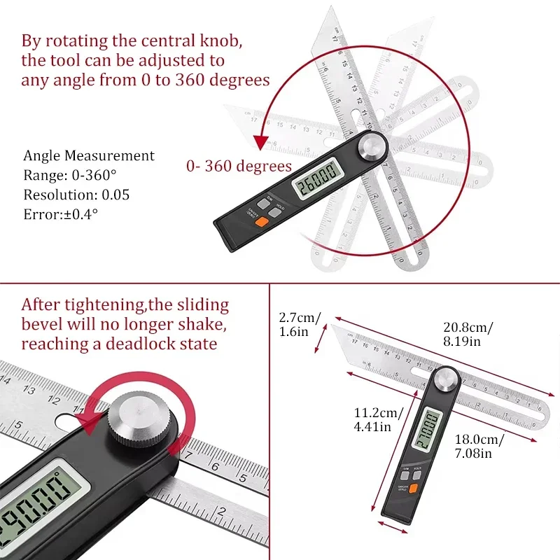 T Bevel Digital Angle Ruler with 6in Sliding Stainless Steel Ruler 360 Degree Digital Protractor Woodworking Measurement Tool