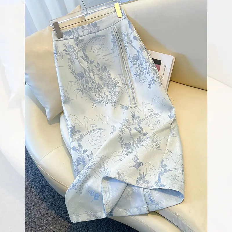 

New Chinese Style Skirt Women Straight Hip Skirt Heavy-duty Embroidered Satin A-line Skirt