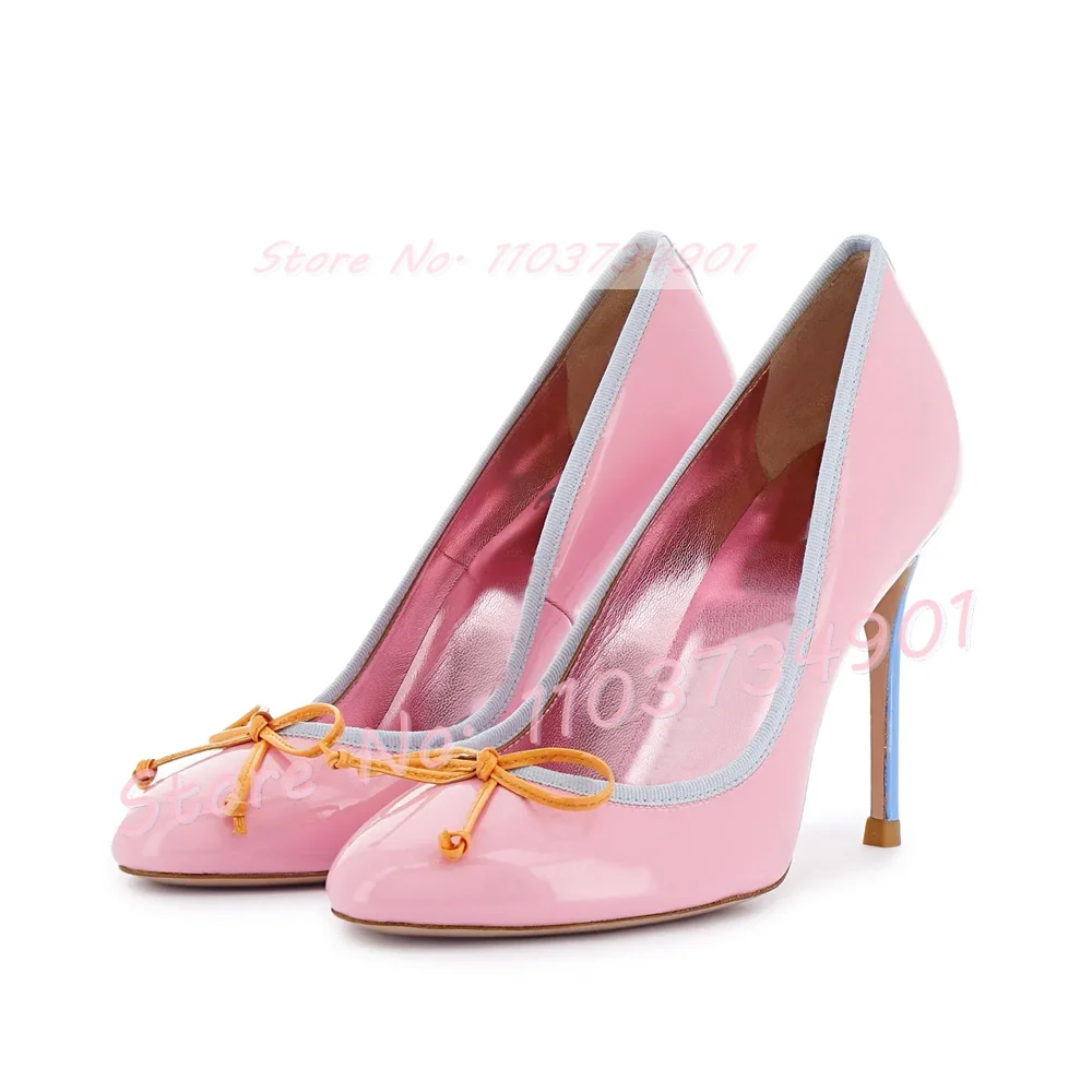 Pink Patent Leather Round Toe Pumps Women Stylish Blue Thin High Heels Shoes Ladies Fashion Big Size Bowknot Mixed Color Pumps