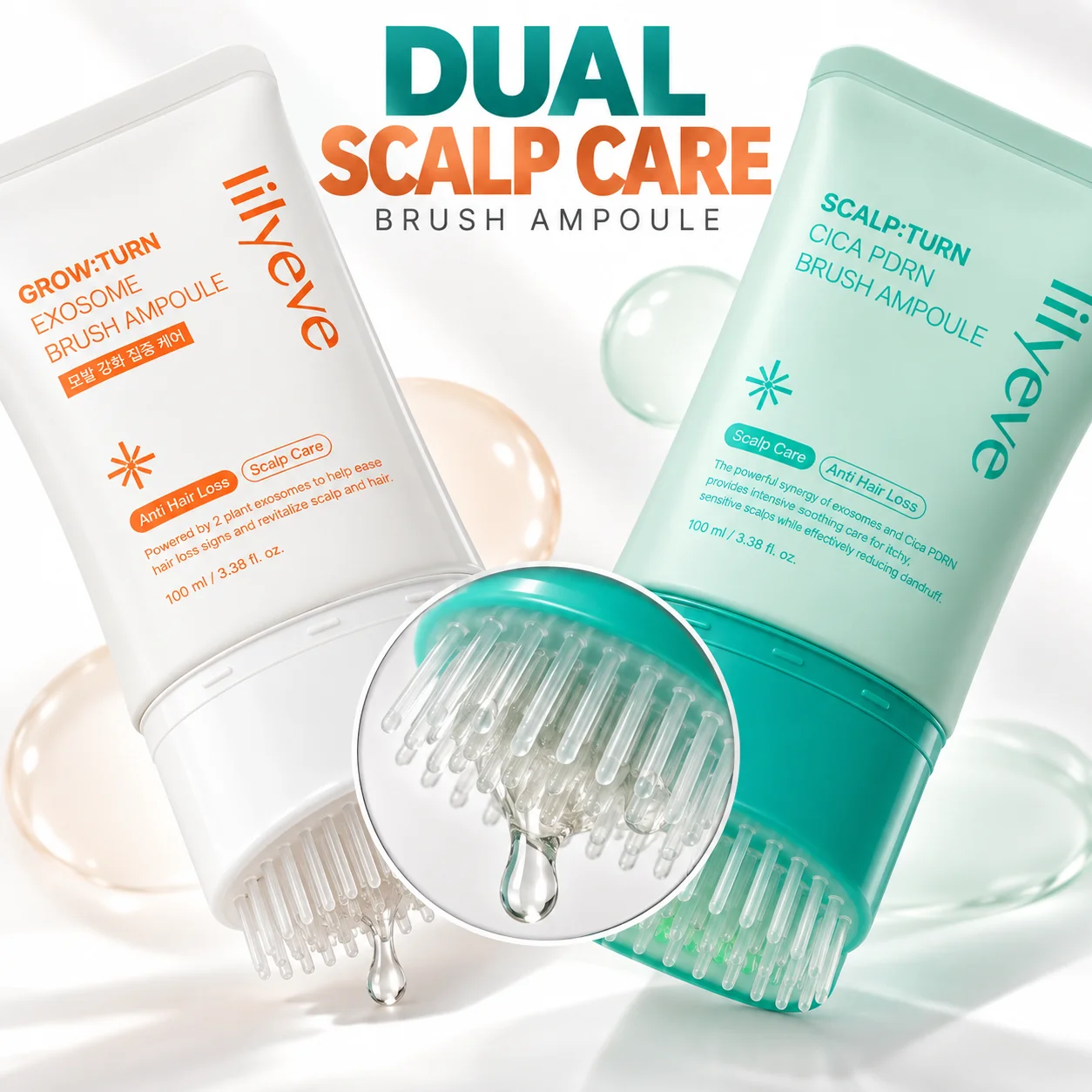 リリエヴ-スカルプケアブラシ-アンプル-100ml-マッサージブラシ付き。エクソソーム＆シカ配合、pdrn配合。抜け毛を防ぎ、フケを減らし、頭皮を活性化します。