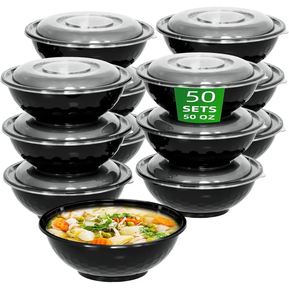 Set of 50 100-Piece 50oz Plastic Meal Prep Bowls with Lids, Microwave, Dishwasher, and Freezer Safe