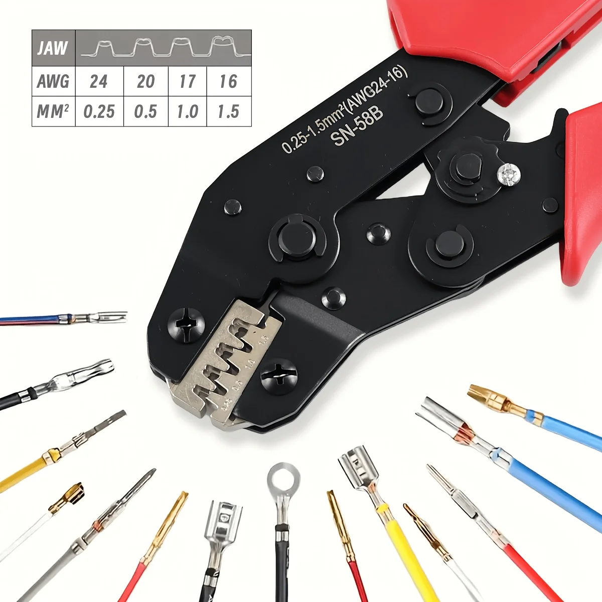 

Sn-58B Crimping Pliers 0.25-1.5mm² Awg24-16 Ratchet Crimper Tool for Dupont Jst Xh2.54 Ph2.0 Automotive Electrical Wire Terminals
