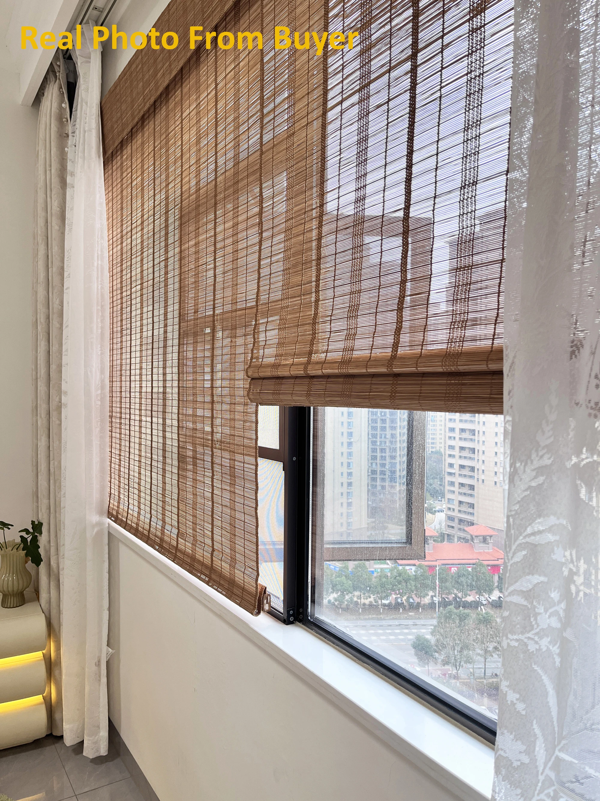 Cherry Wood Color Chinese Bamboo Roman No-drill Install Window Shutter Curtain Indoor Home Decor Tea House Decor Privacy Blind