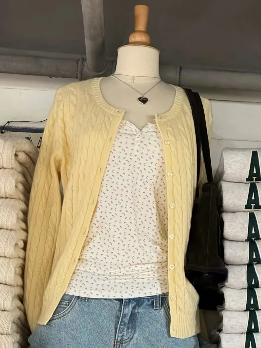 

Женский витой однотонный кардиган, свитер, осенний однобортный джемпер с круглым вырезом, верхняя одежда, винтажные милые вязаные свитера с длинными рукавами