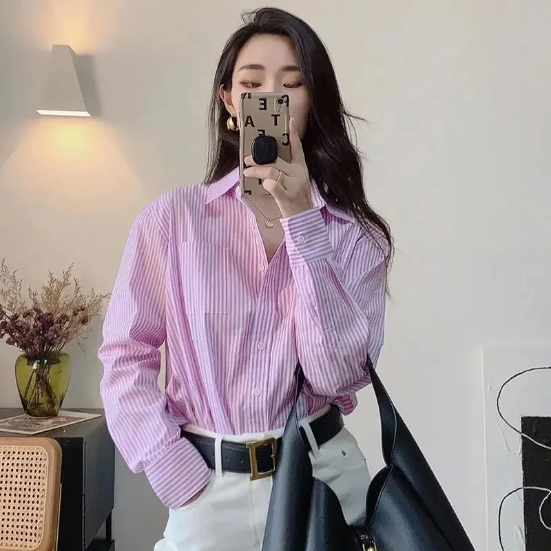 春秋の女性用ストライプシャツコート、レディースファッション長袖シャツトップス、フランス風女性用プレミアムフレッシュカジュアルカーディガンブラウス