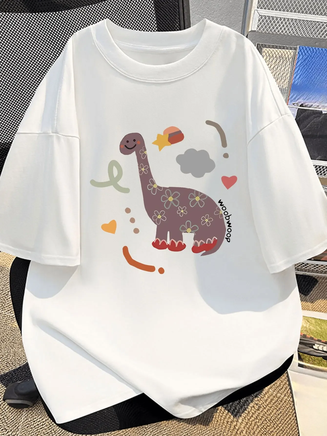 

Cute Dinosaur Print Cotton Tee - Soft & Lightweight, Breathable Summer T-Shirt with Round Neckline, Machine Washable - White