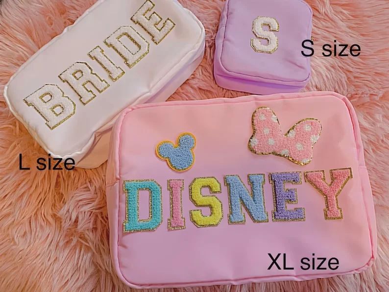 Customize DIY Letters Patch Heart Pearl Rhinestone Nylon Durable Waterproof Pouch Makeup Case Nylon Travel Cosmetic Bag