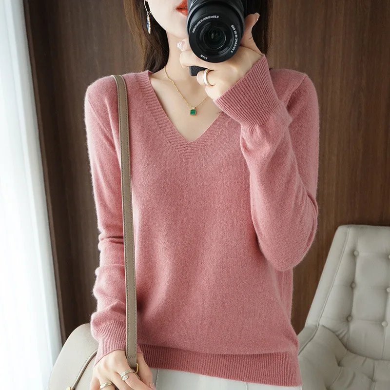 2026 Autumn Winter New Women's V Neck Loose Knit Sweater Solid Color Long Sleeve Thin Versatile Outerwear Warm Casual Pullover T