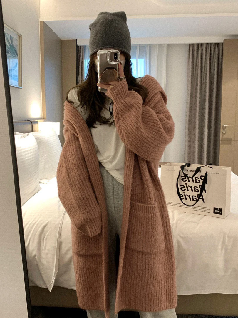 レディース肥厚ロングオープンカーディガンセーターフード付きニットアウター秋冬暖かい V ネックカジュアルスタイルピュアカラー