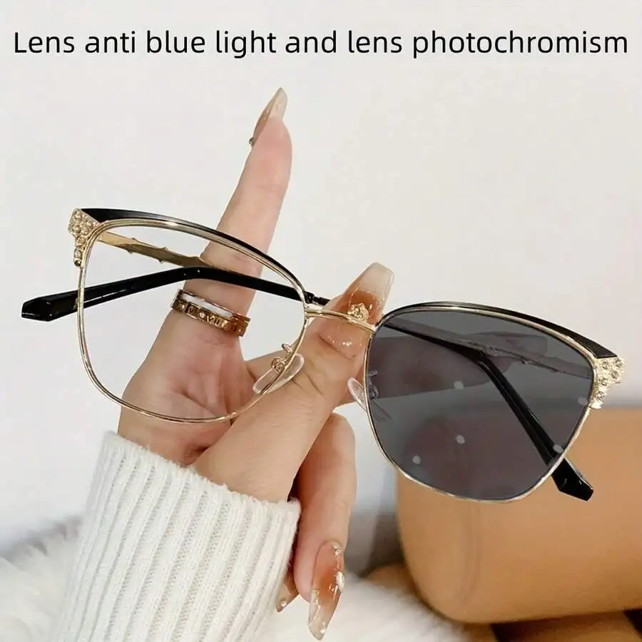 Fashionable Women's Rhinestone Cat-Eye Glasses, Dual-Purpose Multifunctional, Featuring Smart Photochromic Lenses view 2