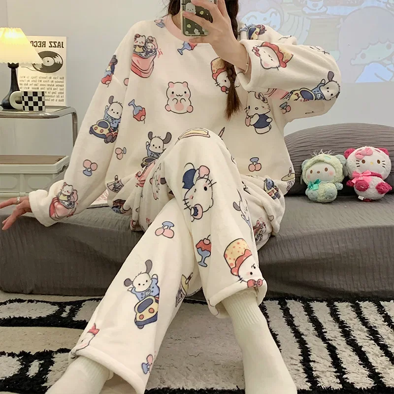 Sanrio Hello Kitty\'s new flannel crew neck pullover pajamas autumn and winter thin velvet cartoon cute girl loungewear