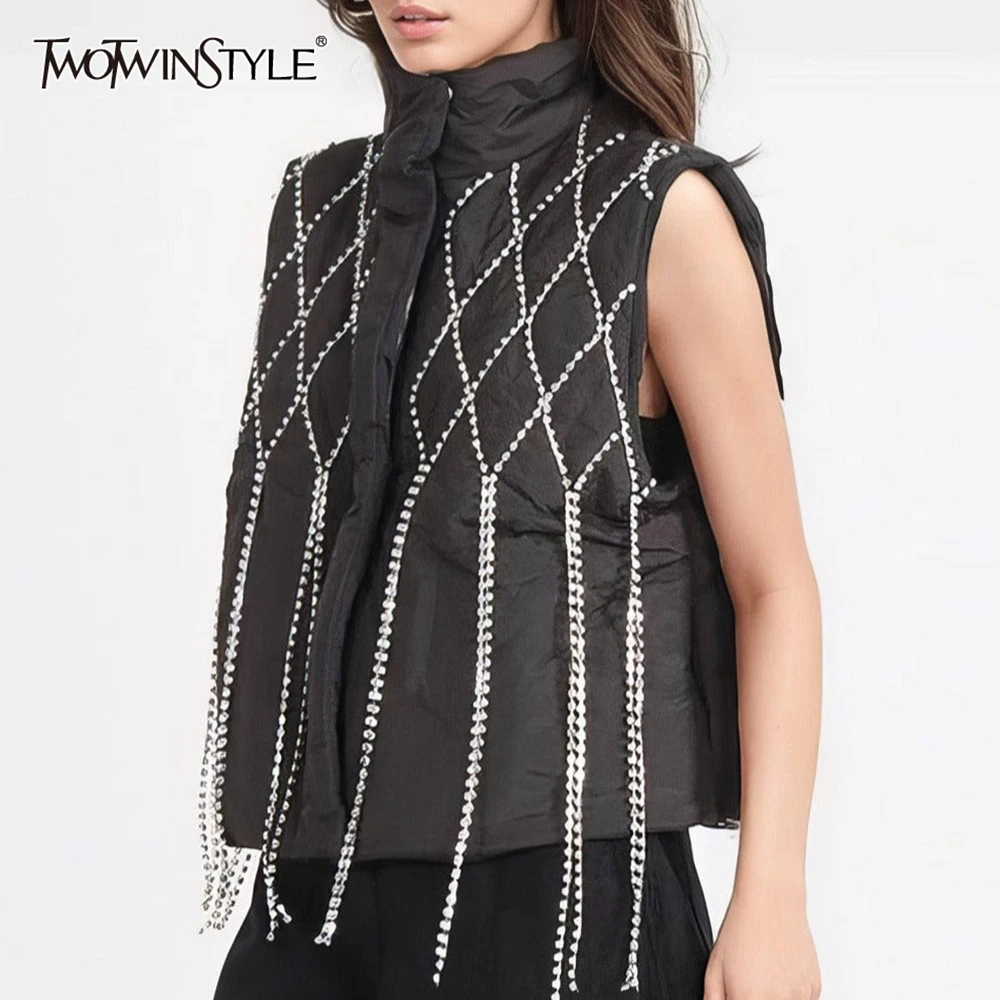 TWOTWINSTYLE Spliced Diamonds Tassel Waistcoats For Women Turtleneck Sleeveless Patchwork Zipper Loose Waistcoat Female Fashion