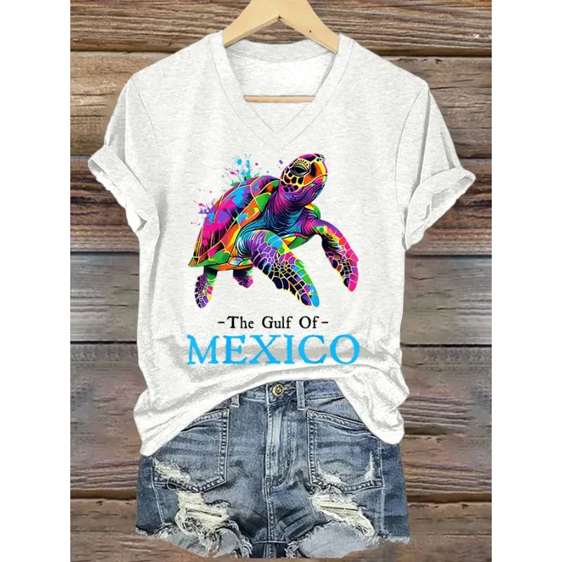 NEW Women's Gulf Of Mexico Turtle Print T-Shirts Summer Casual V Neck Tops Short Sleeve Tees