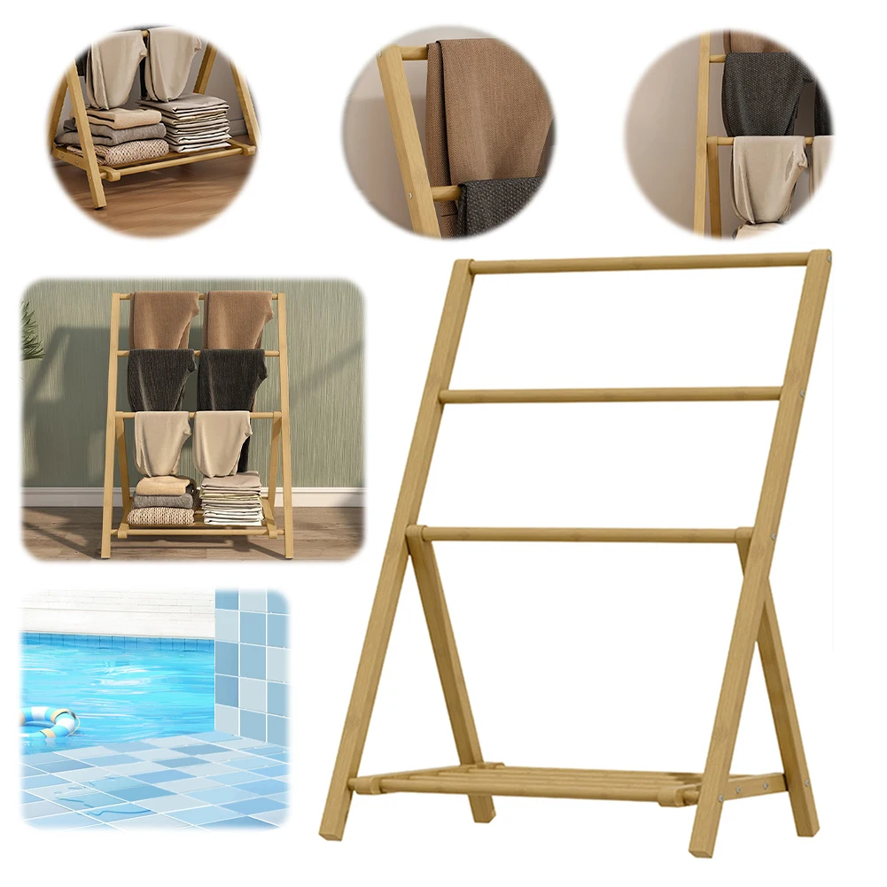 

Bamboo Floor Towel Rack with Storage Shelf Freestanding Wood Hangers Quilt Display Stand for Shower Bathtub Swimming Pool