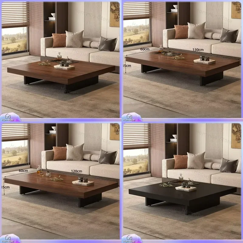 Minimalist Square Coffee Table Solid Wood Modern Living Room Furniture Walnut Pattern Stainless Steel Frame Low Height Table