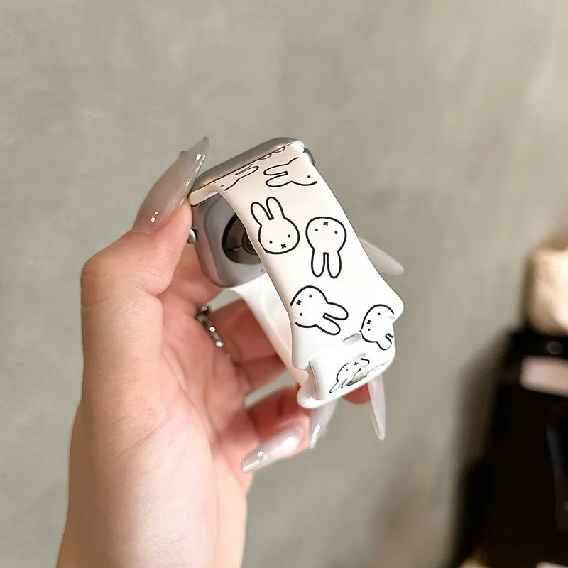 Kawaii Miffy Rabbit Print Silicone Watch Strap For Apple Watch Series 1-10 Se Ultra 1 2 Cute Girl Watchband Gift