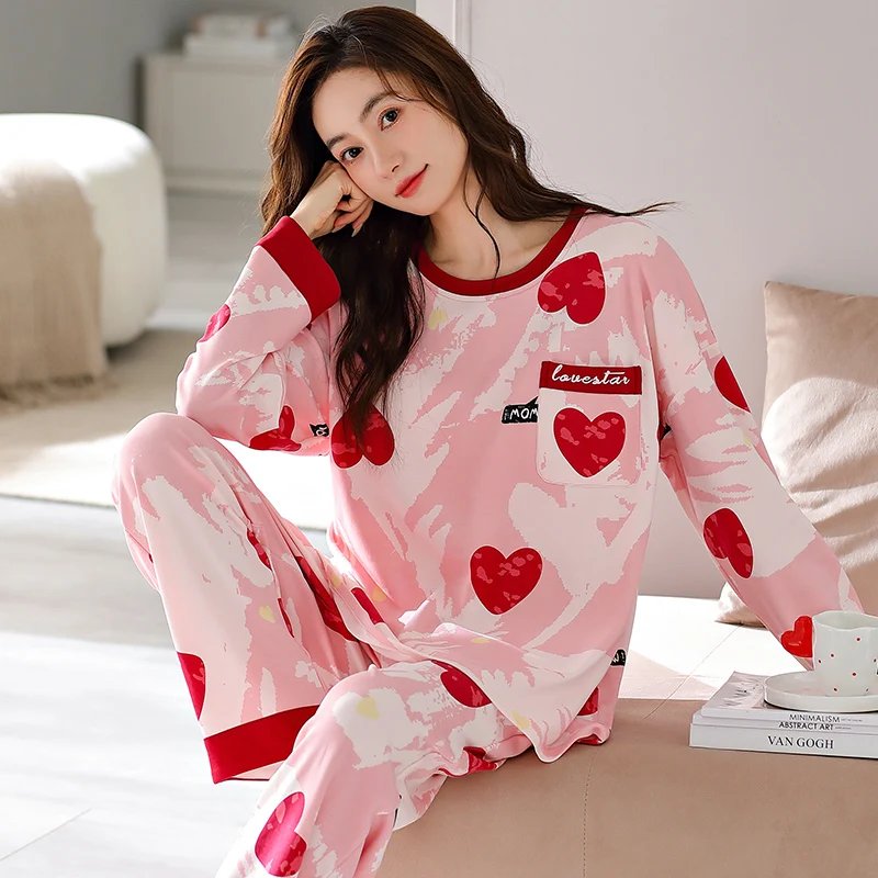 Pink Love Heart Pajama Set Women Cute Sleepwear Long Sleeves Long Pants Autumn Winter Kawaii Pyjamas Soft Pijama Cozy Nightshirt