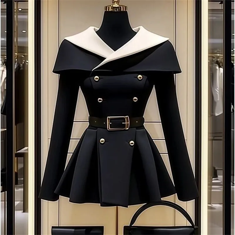 Limiguyue Small Fragrance Double Breasted Jacket Women Waist Cinche Belt Coat High End Pleated Black Outwears Autumn Winter 492P