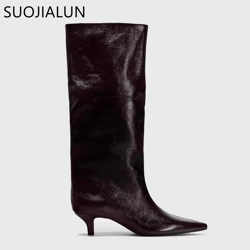 SUOJIALUN 2024 Winter New Brand Women Knight's boots Fashion Pointed Toe Slip On Knee-high Boots Thin Low Heel Long Boots Shoes