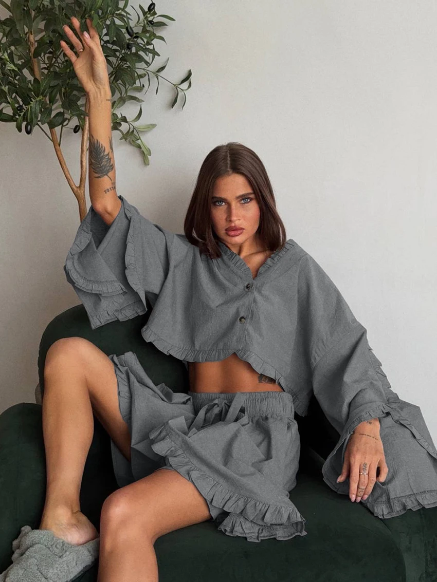 Marthaqiqi Cotton Female Nightwear Set V-Neck Sleepwear Long Sleeve Pajamas Crop Top Nightgowns Skirt Casual Women Nightie Suits