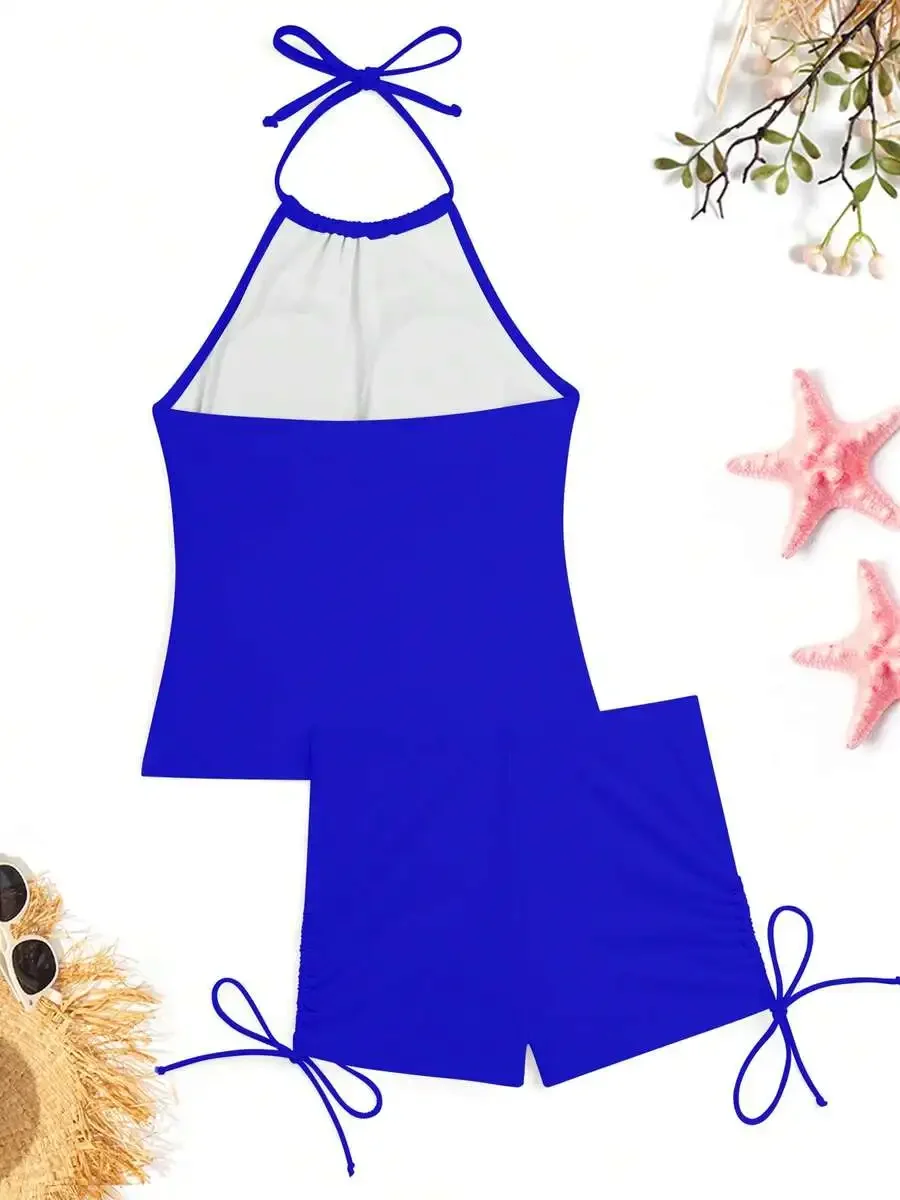 

Womens Halter Tie Top And Drawstring Shorts Tankini Set Modest Tummy Control Swimsuit Beach Vacation Swimwear