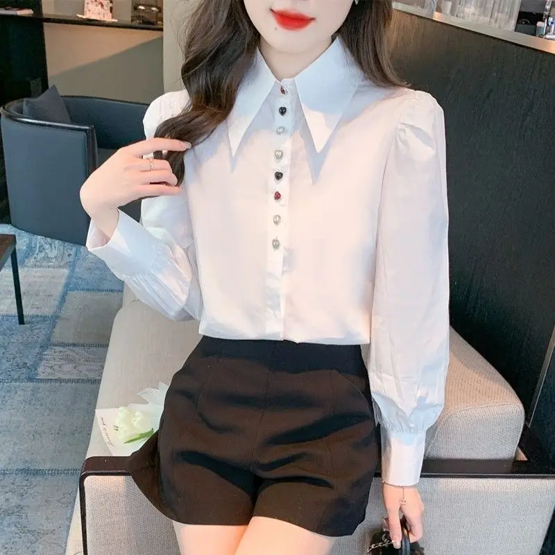 French Spring Autumn Shirts Women Design Chic Silk Blouse White Balck Button Office Lady Tops Long Sleeve Bottom Shirt A30