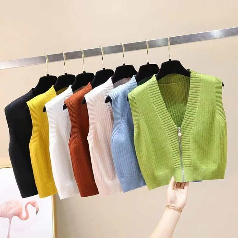 Sweter Rajutan Musim Gugur/Dingin Rompi Wanita Kardigan Kasual Ritsleting Mutiara Tanpa Lengan Atasan Crop Rompi Mantel 7 Warna
